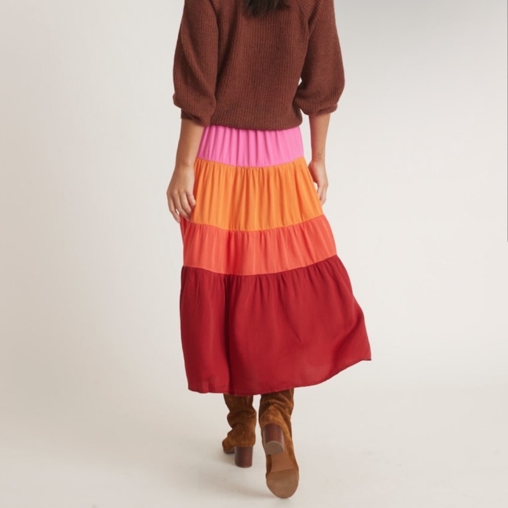 MARINE LAYER Colorblock Tiered Midi Slit Skirt In Fuschia Orange Red Pink Small - Picture 4 of 12